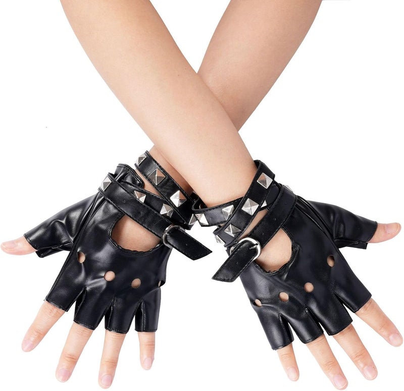 FAYBOX Black Leather Fingerless Gloves for Women Teens, Halloween Costume Accessories Belt Up Half Finger Gloves - Image 1